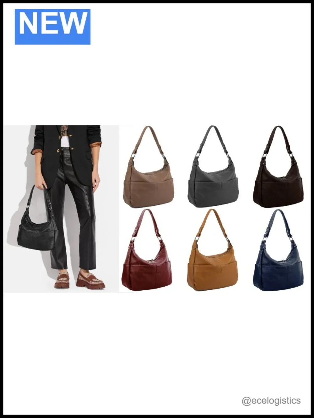Genuine Leather Hobo Shoulder Bag with 2 Compartments & Pockets